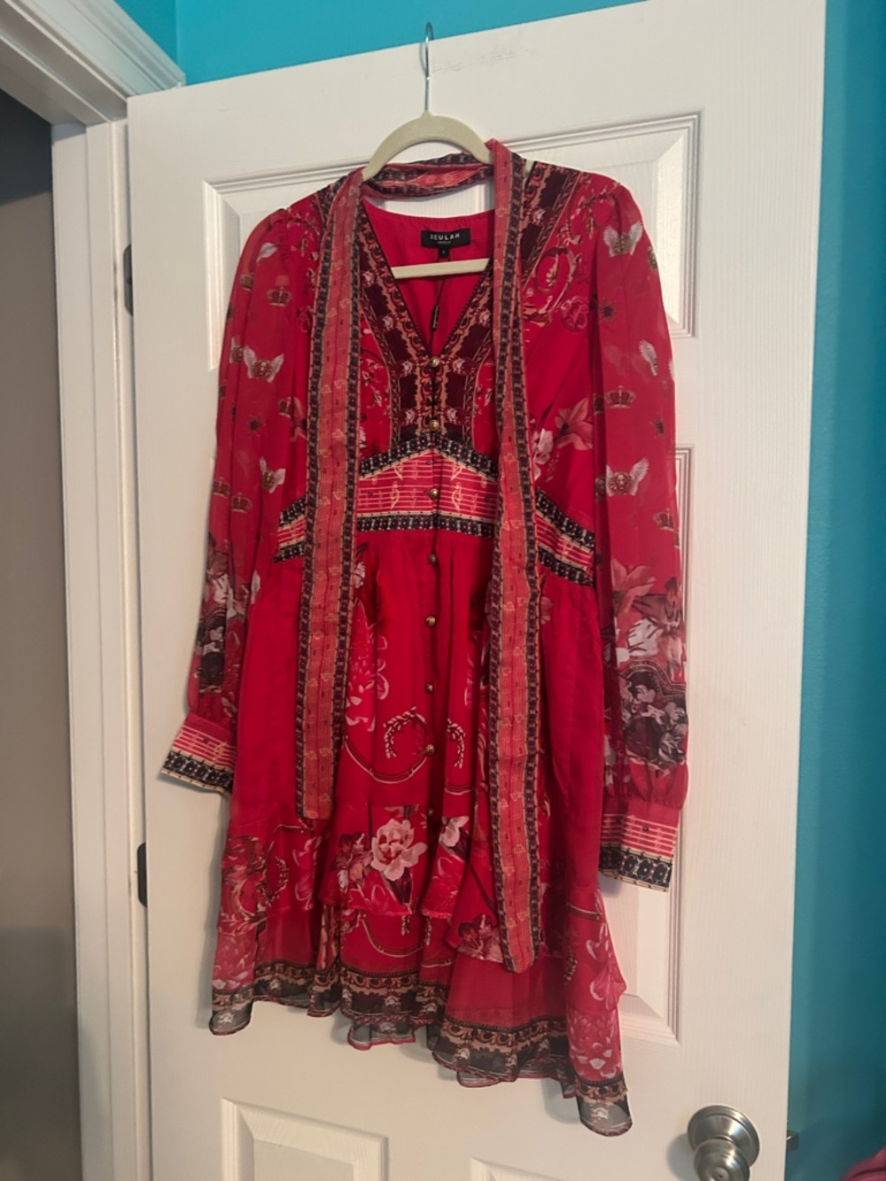 Beulah 100% Silk Red Floral Mini Dress with Scarf Detail